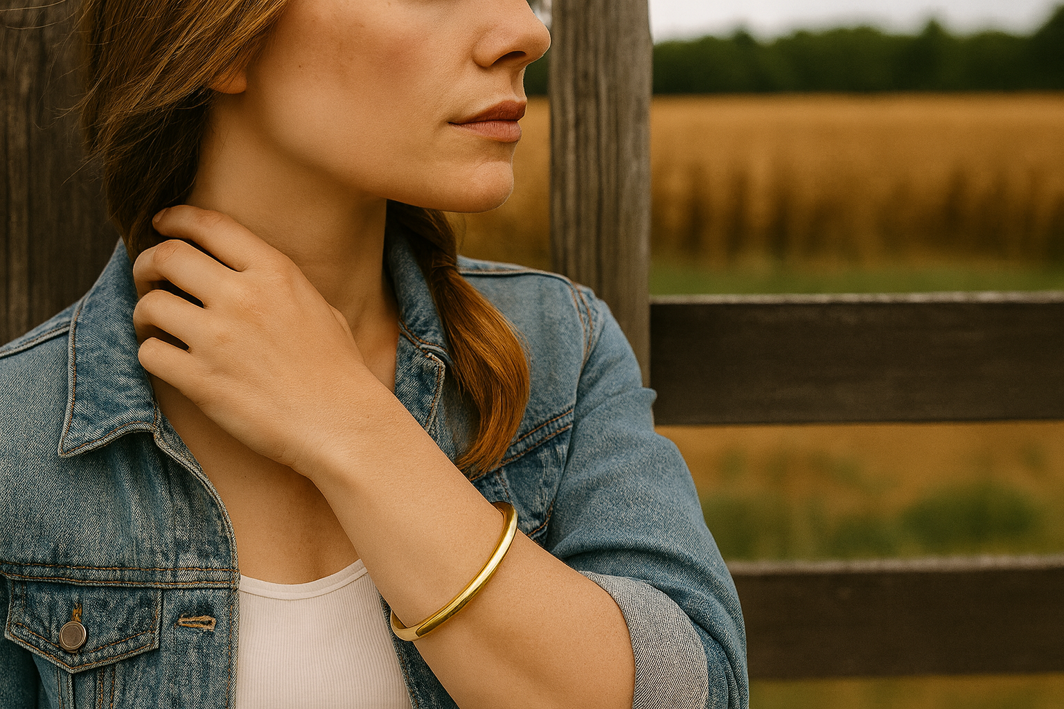 Woman wearing brass bull ring bracelet with a farm background